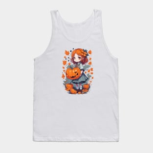 Cute Fall girl holding Pumpkin in Autumn leaves Tank Top